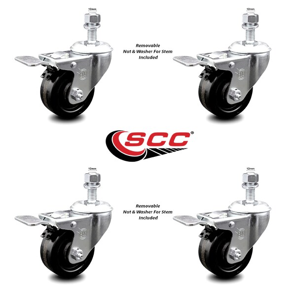 Service Caster 3.5 Inch Phenolic Swivel 12mm Threaded Stem Caster Set with Total Lock Brake SCC-TSTTL20S3514-PHR-M1215-4 - main